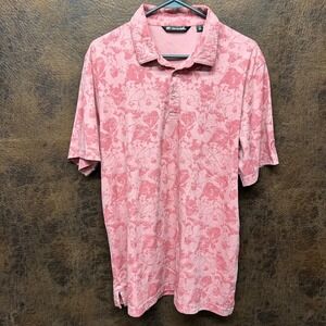 Travis Mathew Hawaiian Tropical Floral  XL Golf Polo Men Shirt Peach Coral Color